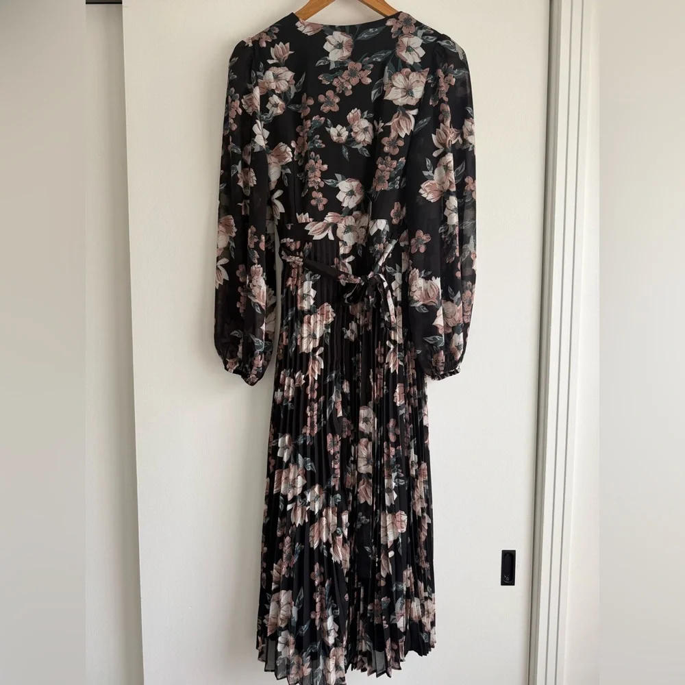 Lulu's Blooming Whimsy Black Floral Pleated Midi Wrap Dress - Picture 7 of 14